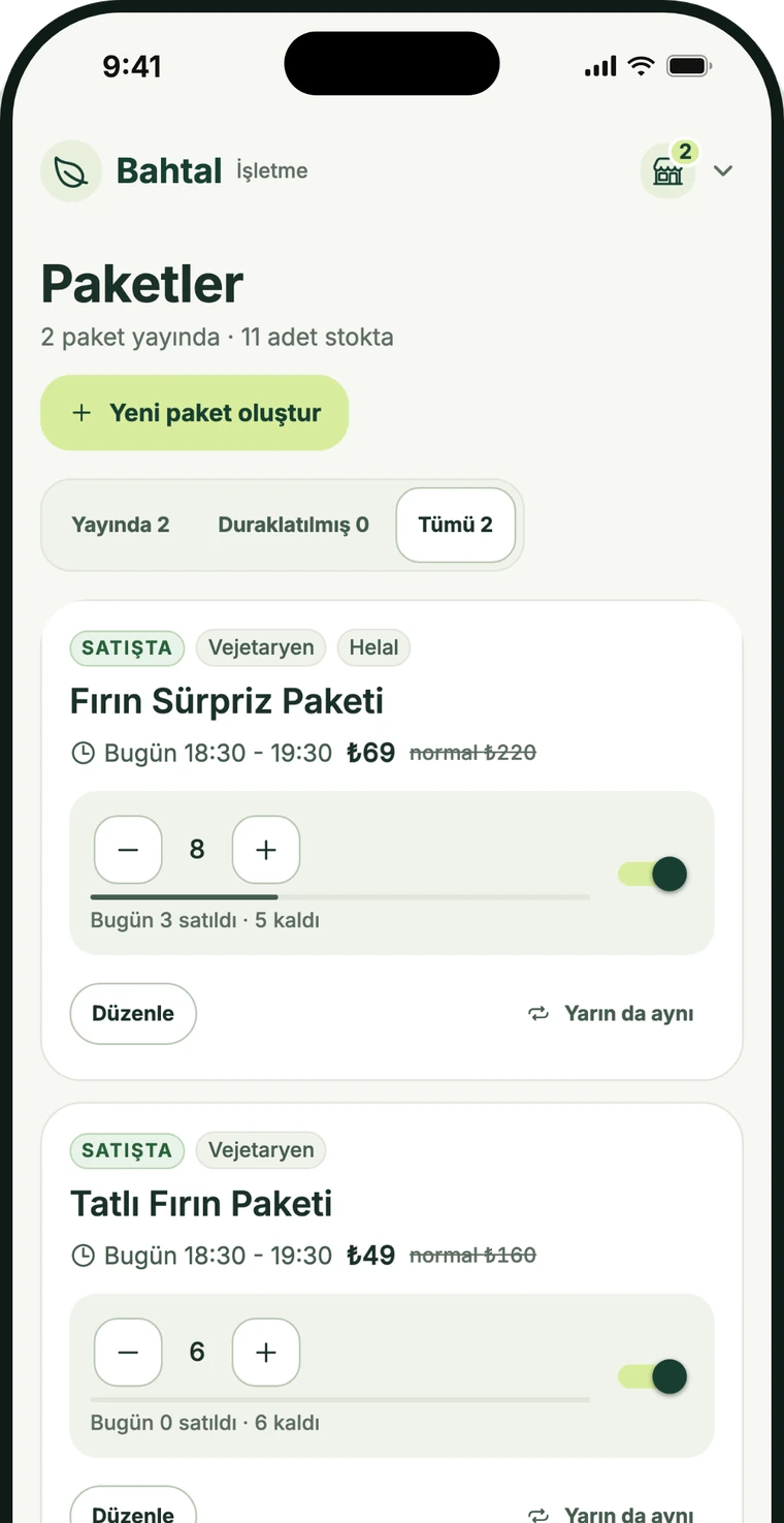 Bahtal Partner uygulamasında Paketler ekranı: adet, fiyat ve alım saati